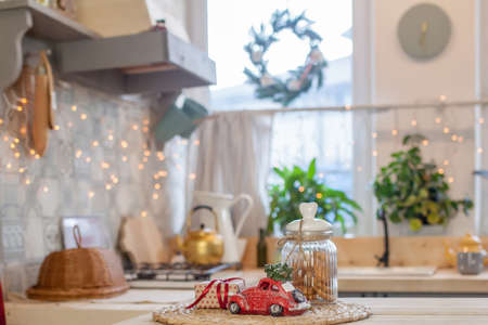 Merry Christmas and Happy Holidays A beautiful kitchen room decorated for Christmas.の写真素材