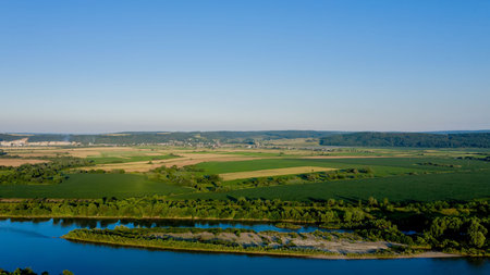 Stunning top view of the sinuous Dniester River. Summer landscape of the Dniester River. Picturesque...