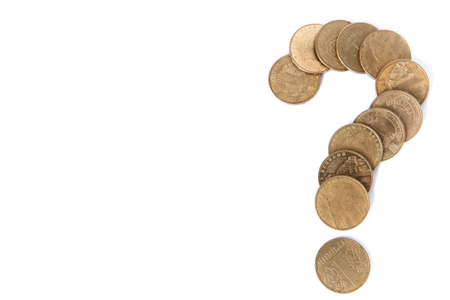 Question mark with euro coins isolated on white background. crisis concept.の写真素材