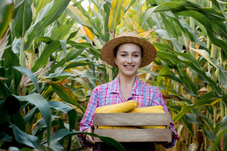 Farmer in the field collects young sweet corn in a large wooden box.の写真素材