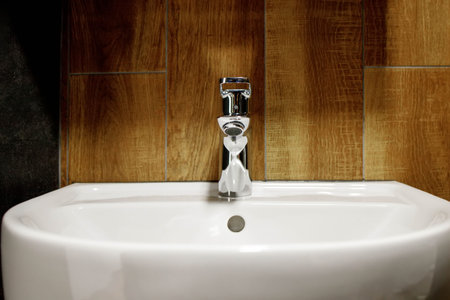 Bathroom interior with white sink and faucet. Water faucet and white sink and ceramic tile with...