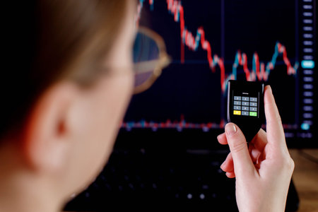 Woman trader investor analyst enter the password on cryptocurrencey hardware cold wallet on stock...