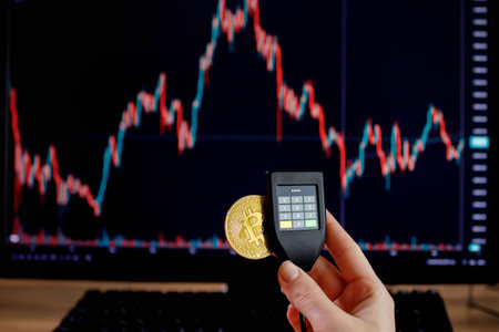 Close up womans hand holding bitcoin and enter the password on cryptocurrencey hardware cold wallet on stock market graph background. Secure cryptocurrency storage.の写真素材