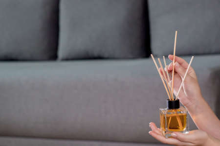 Aromatic cane air freshener woman holding in hand on room background. Aroma diffuser. Home air freshenerの写真素材