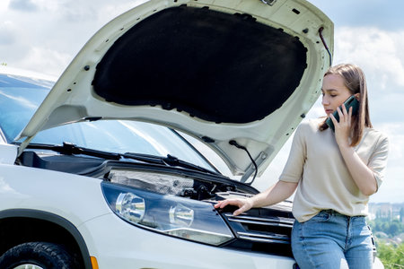 Young woman opening bonnet of broken down car having trouble with her vehicle. Worried woman talking...