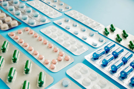 Colorful of tablets and capsules pill in blister packaging arranged with beautiful pattern with flare light. Pharmaceutical industry concept. Pharmacy drugstore.の写真素材