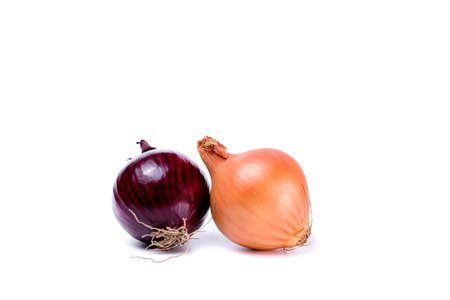 Violet and gold onions isolated on a white background. view from above.の写真素材