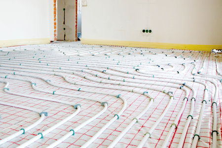 Installation of underfloor heating pipes for water heating. heating systems. Pipes for underfloor heatingの写真素材
