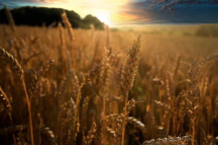 Sunset over a rye field with golden ears and cloudy sky. Wheat golden field.の写真素材