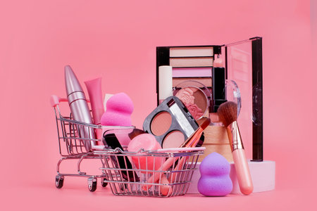 Creative concept with shopping trolley with makeup on a pink background. Perfume, sponge, brush, mascara, eye shadow, lip gloss in the basket.の写真素材