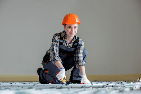 Portrait of woman worker which is installing underfloor heating system. Warm floor heating system.の写真素材