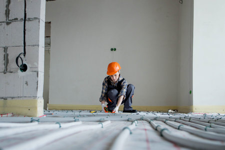 Woman worker takes measurements during the installation of a warm floor. Warm floor heating system.