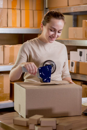 Smiling female entrepreneur packing parcel using tape dispenser. Woman preparing the product box for...
