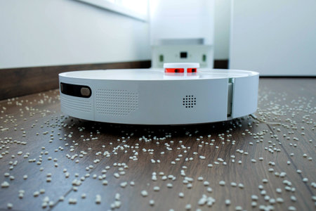 Efficient robotic vacuum cleaner cleans rice on the floor. Cleans everything automatically near its...