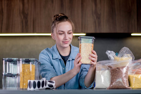Woman organizing food in the kitchen with containers.の写真素材