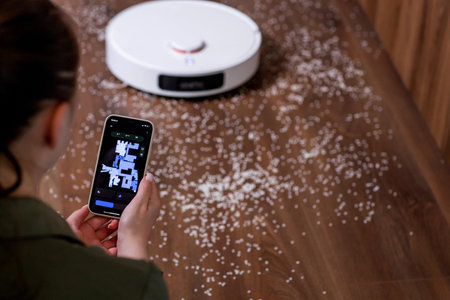 Woman using an app on his phone paired with a robotic cleaner. Display with apartment map, cleaning and power statusの写真素材