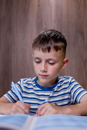 Schoolboy writes lessons.の写真素材