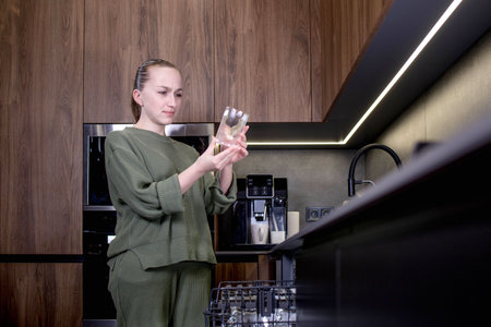 Young woman takes a glass out of the dishwasher in a modern kitchen.の写真素材