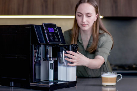 Woman installs a container with milk for a coffee machine.の写真素材
