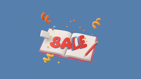 Promo sale banner for bookstore, bookshop, library, book lover, e-book, education. 3d render illustration for poster, banner, advertising, flyer.の写真素材