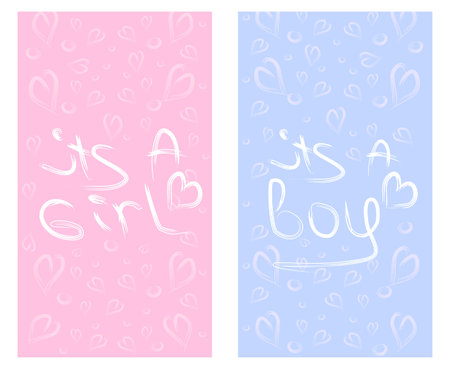 Gender Reveal banners It's a Girl and It's a Boy. Calligraphy with heart confetti pattern. Vector simple illustration for all ideas. Baby shower party decoration, invitation, announcement, posterのイラスト素材