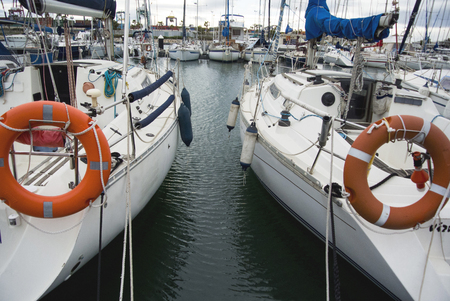 White Boats In Valencia Port At Mediterranean Sea. Reflexion in the water. White yachts are in the Spanish port of Valencia in the beginning of spring. Cloudy sky.の写真素材