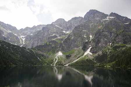 Reflection of Tatra mountain peaks in Morskie Oko lake. Eye of the Sea lake in Tatra mountains, Poland. Polish Tatra mountains Morskie Oko. Tatra mountains. Crystal clear water. Europe.の写真素材