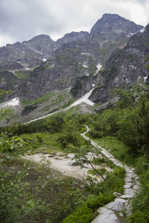 Tatra mountain peaks, Morskie Oko lake. Eye of the Sea lake in Tatra mountains, Poland. Polish Tatra mountains Morskie Oko. Tatra mountains. Crystal clear water. Europe.の写真素材