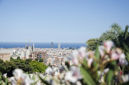 Panoramic view of Barcelona from Park Guell in a summer day in Spain. Top view of picturesque Barcelona cityscape in sunny day.の写真素材