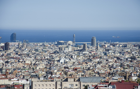 Panoramic view of Barcelona from Park Guell in a summer day in Spain. Top view of picturesque Barcelona cityscape in sunny day.の写真素材