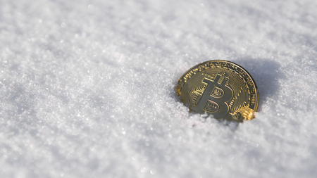 Bitcoin. Cryptocurrency on snow, in the background. The concept of freelancing, the stock exchange. Gold bitcoin on cold winter snow background. Frozen bitcoin. Frozen account. Cryptocurrency trading.の写真素材