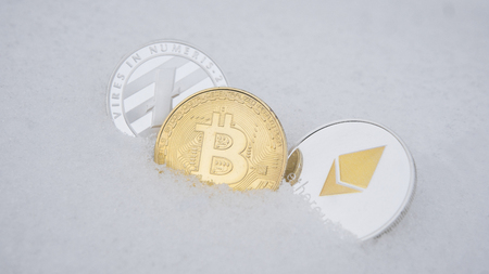 Litecoin, Bitcoin and Ethereum cryptocurrency on snow. The concept of freelancing, the stock exchange. Cryptocurrency on cold winter snow background. Frozen bitcoin. Frozen account. Trading, baking.の写真素材
