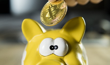 Hand putting golden bitcoin in to piggy bank money box with a computer on background. Cryptocurrency investment concept. BTC coin as symbol of electronic virtual money. Web banking, network payment.の写真素材