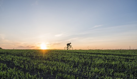 Agricultural fields and a man ride a bicycle in sunset. Riding a Bicycle at Sunset. Healthy Lifestyle Concept. Male ride bicycle in sun set. Biker ride a bike on sunsets sky on a field. Sport.の写真素材