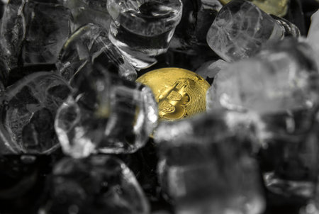 Gold bitcoin on ice background. The concept of the exchange in winter. Freeze. Blockchain mining. Digital money and virtual cryptocurrency concept. Iinvestment. Bussiness, commercial.の写真素材