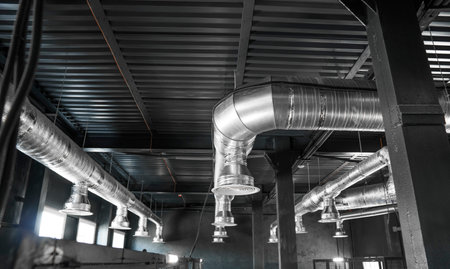 Ventilation system on the ceiling of large buildings. Ventilation pipes in silver insulation...
