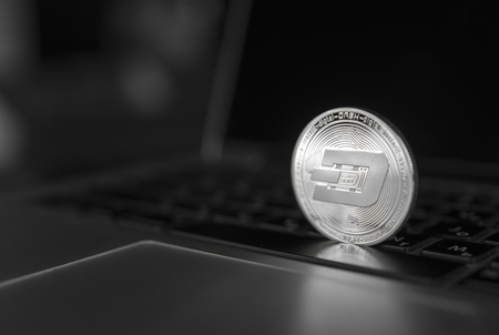Dash coin symbol on laptop.の写真素材