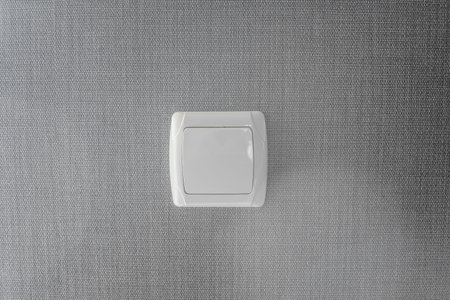 Light switch. Plastic mechanical switch of white color installed on a light gray wall.