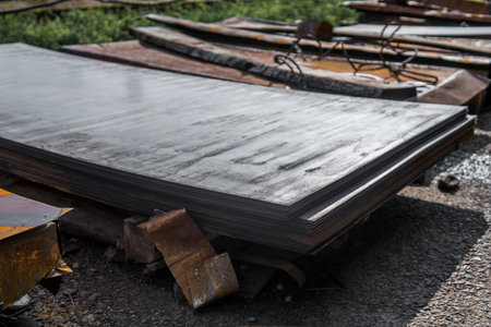 Steel sheets deposited in stacks in packs at the warehouse of metal products. Weathered metals sheet...