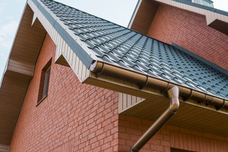 Modern roof covered with tile effect PVC coated brown metal roof sheets.