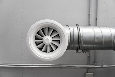 Ventilation system on the ceiling of large buildings. Ventilation pipes in silver insulation...