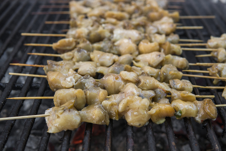 Rapan meat on the grill. Delicious festive barbecue. Food and holiday concept. Cooking BBQ seafood on fire.の写真素材