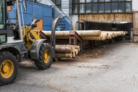 Forklift truck grabs wood in a wood processing plant. Large log loader unloading a log truck in the log yard at a conifer log mill. Processing of timber at the sawmill.の写真素材
