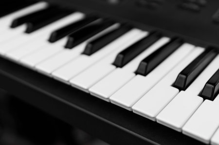 Synthesizer piano key board top view.Professional electronic midi keyboard with black and white...