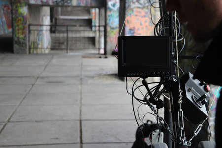 Screen of a professional cinema digital video camera mounted on a crane.