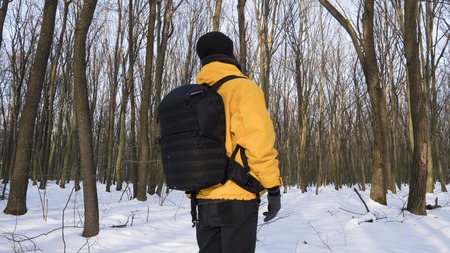 Man in a yellow jacket and with a black photo backpack in sunny forest covered with a snow looking on a trees.の写真素材