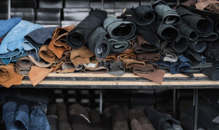 Different pieces of leather in a rolls. The pieces of the colored leathers. Rolls of natural brown...