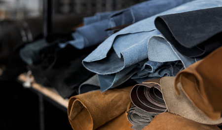 Different pieces of leather in a rolls. The pieces of the colored leathers. Rolls of blue and black...