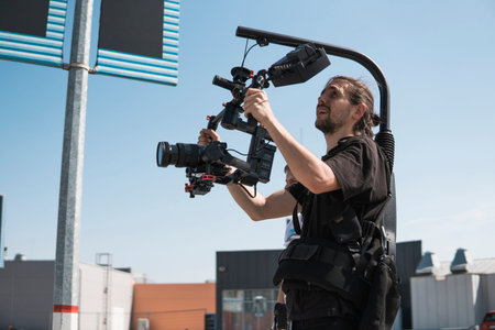 Professional videographer holding camera on 3-axis gimbal which mounted on easy rig. Videographer...