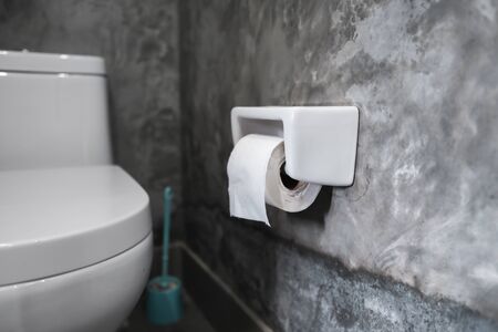 White hanging toilet seat on white toilet in the home bathroom with grey tiles in concrete style and toilet paper on the wall. Bathroom luxury interior.の写真素材
